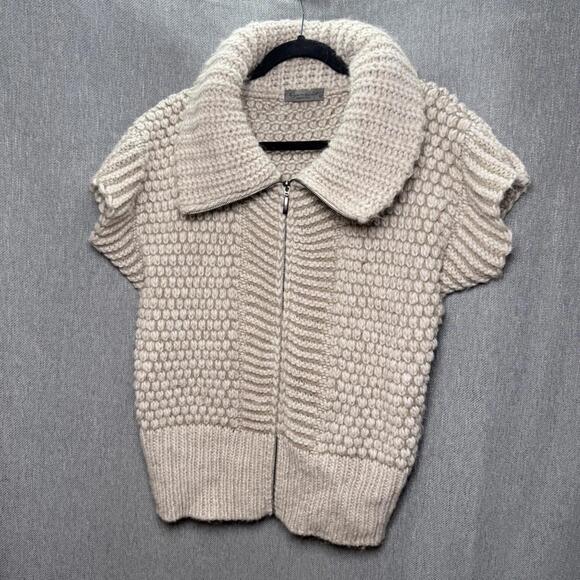 Sweaters - Elsamanda Women's M Full-Zip Short Sleeve Chunky Cable Knit Alpaca Blend Sweater